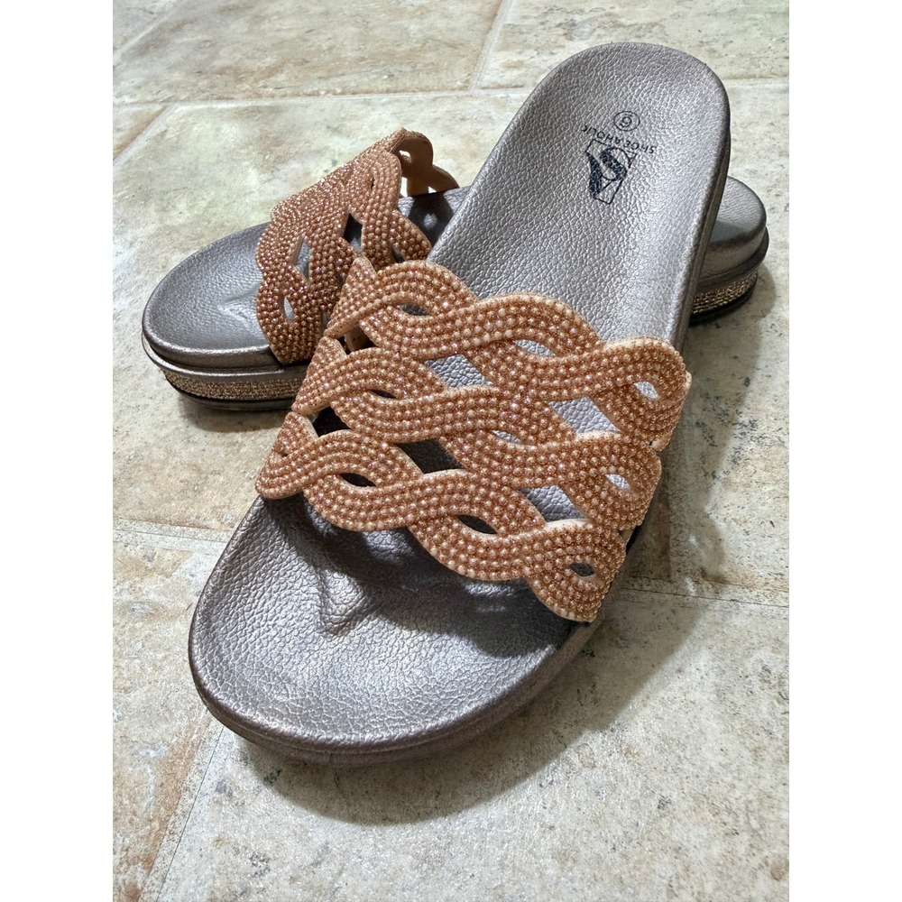 Shoeaholic Rose Gold Rhinestone Slide Sandals Womens 6 EU 37 Sanitized